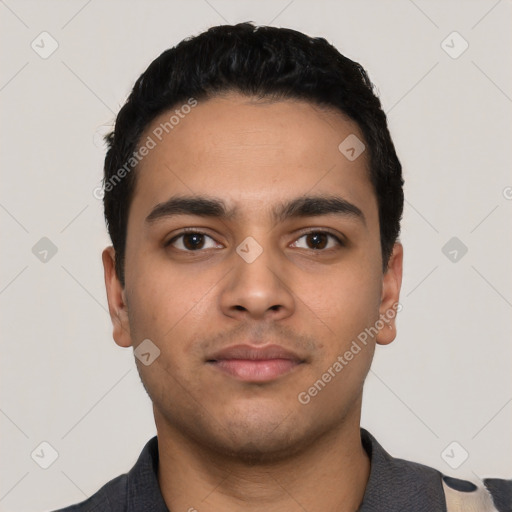 Neutral latino young-adult male with short  black hair and brown eyes