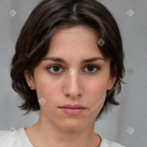 Neutral white young-adult female with medium  brown hair and brown eyes