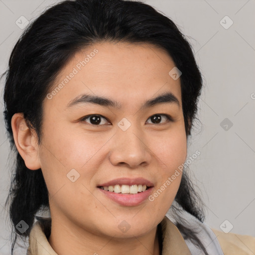 Joyful latino young-adult female with medium  brown hair and brown eyes