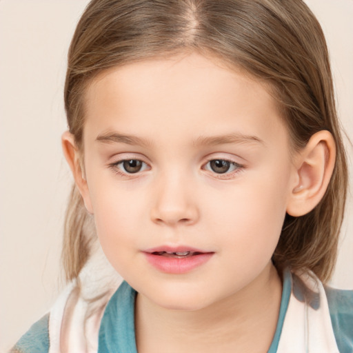 Joyful white child female with medium  brown hair and brown eyes