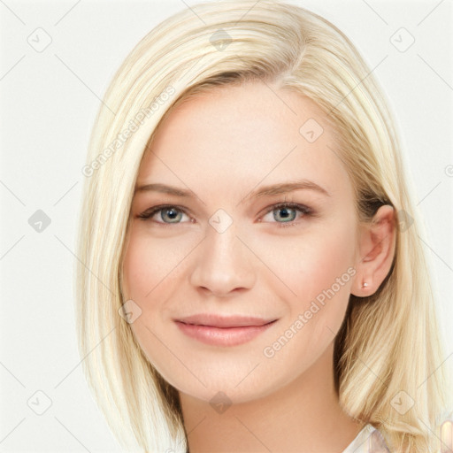 Joyful white young-adult female with long  brown hair and blue eyes