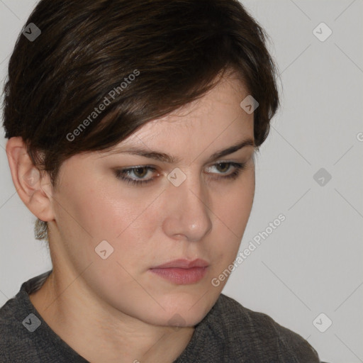 Neutral white young-adult female with medium  brown hair and brown eyes