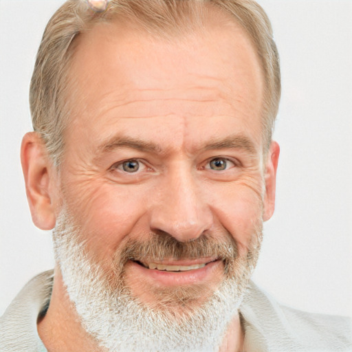 Joyful white middle-aged male with short  brown hair and grey eyes