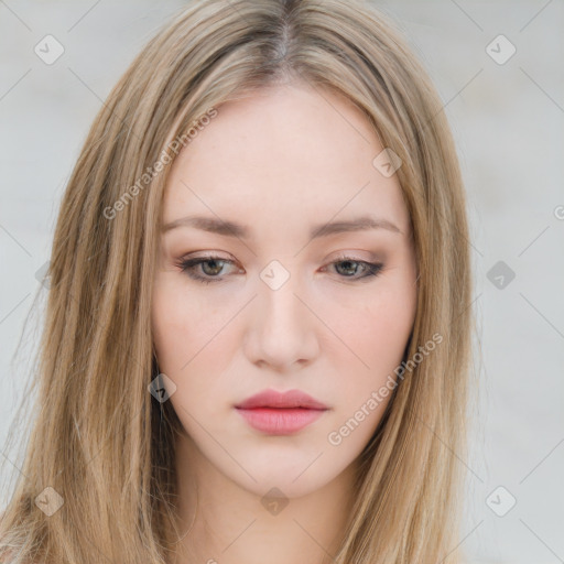 Neutral white young-adult female with long  brown hair and brown eyes