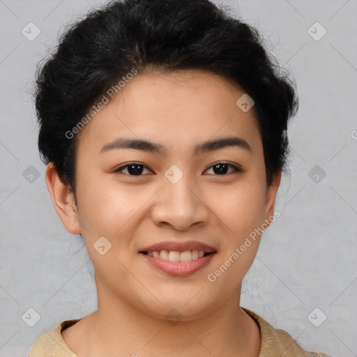 Joyful asian young-adult female with short  brown hair and brown eyes