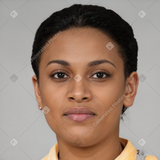 Neutral black young-adult female with short  brown hair and brown eyes