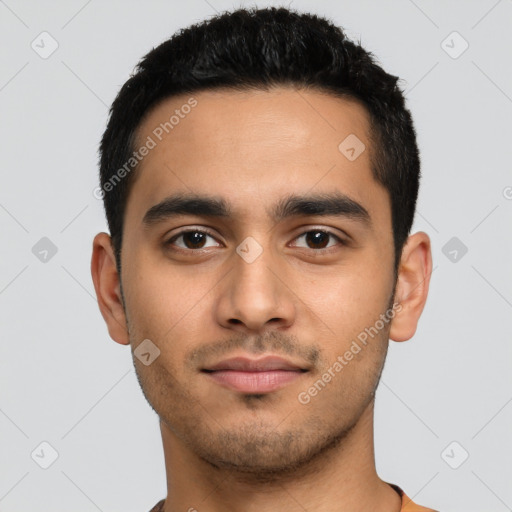 Neutral latino young-adult male with short  black hair and brown eyes