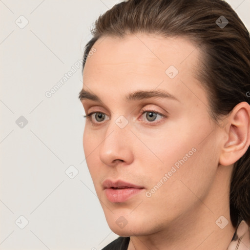 Neutral white young-adult female with medium  brown hair and brown eyes