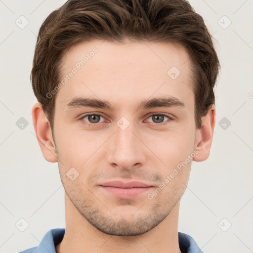 Neutral white young-adult male with short  brown hair and grey eyes