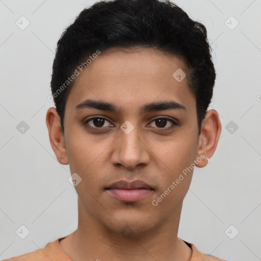 Neutral latino young-adult male with short  black hair and brown eyes