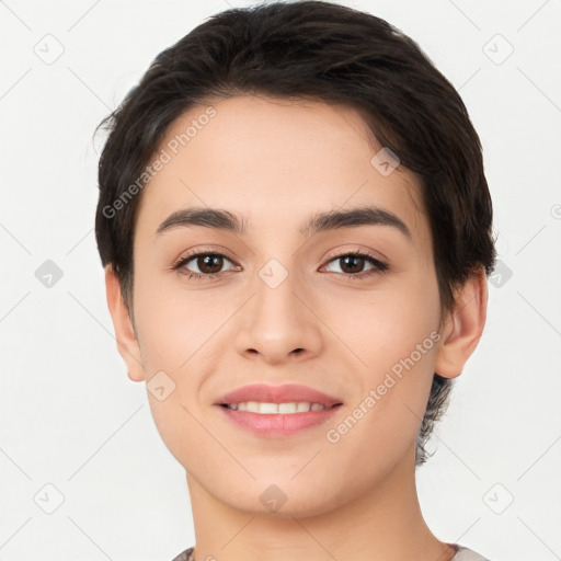 Joyful white young-adult female with short  brown hair and brown eyes