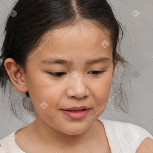 Joyful white child female with medium  brown hair and brown eyes