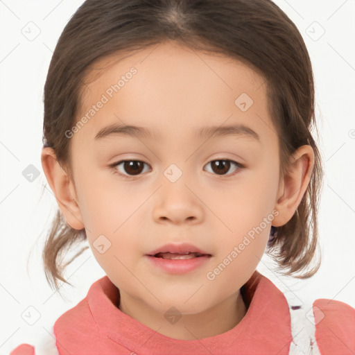 Joyful white child female with medium  brown hair and brown eyes