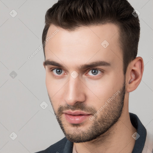 Neutral white young-adult male with short  brown hair and brown eyes