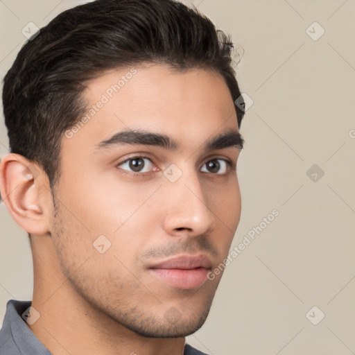 Neutral white young-adult male with short  brown hair and brown eyes