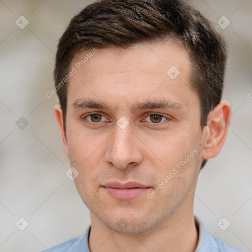 Neutral white young-adult male with short  brown hair and brown eyes