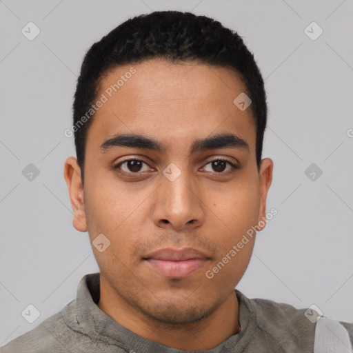 Neutral latino young-adult male with short  black hair and brown eyes