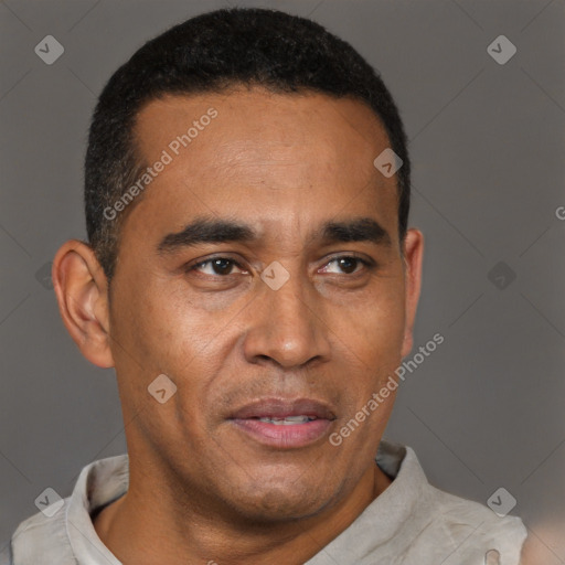 Joyful latino adult male with short  brown hair and brown eyes