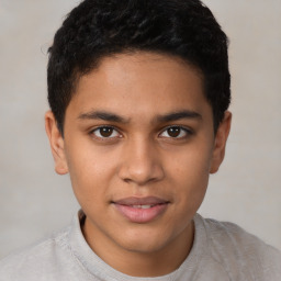 Joyful latino young-adult male with short  brown hair and brown eyes