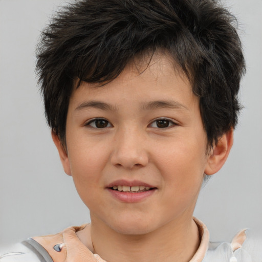 Joyful white child female with short  brown hair and brown eyes