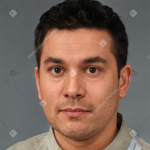 Neutral white adult male with short  brown hair and brown eyes