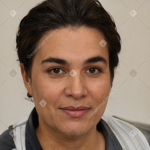 Joyful white adult female with short  brown hair and brown eyes