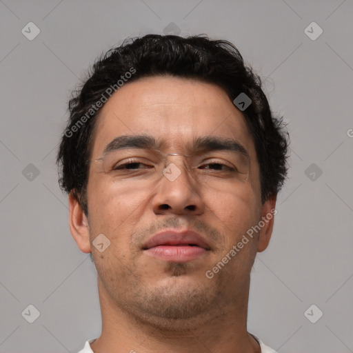 Neutral asian adult male with short  brown hair and brown eyes