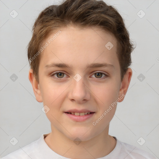 Joyful white child female with short  brown hair and brown eyes