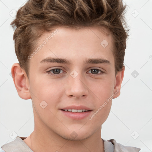 Joyful white child male with short  brown hair and grey eyes