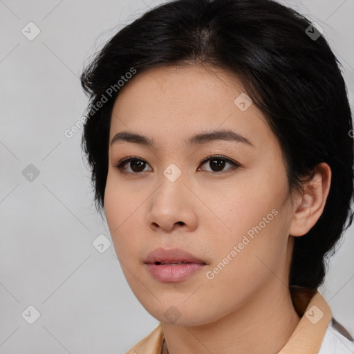 Neutral asian young-adult female with medium  brown hair and brown eyes