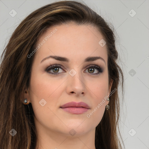 Joyful white young-adult female with long  brown hair and green eyes