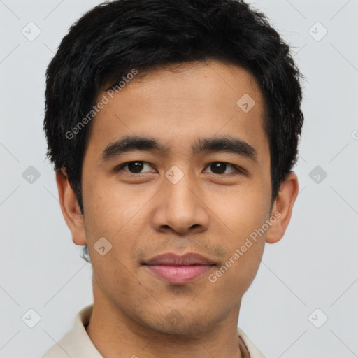 Joyful asian young-adult male with short  black hair and brown eyes