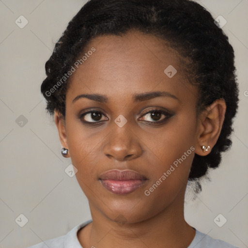 Neutral black young-adult female with short  black hair and brown eyes