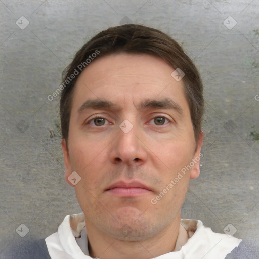 Neutral white adult male with short  brown hair and brown eyes