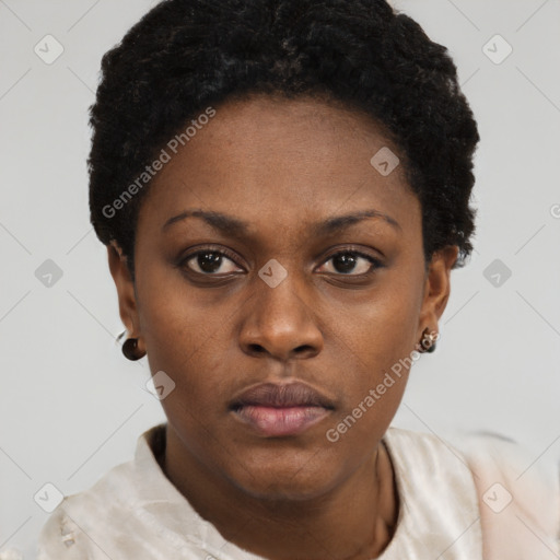 Neutral black young-adult female with short  black hair and brown eyes