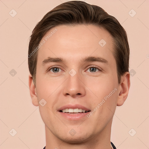 Joyful white young-adult male with short  brown hair and brown eyes