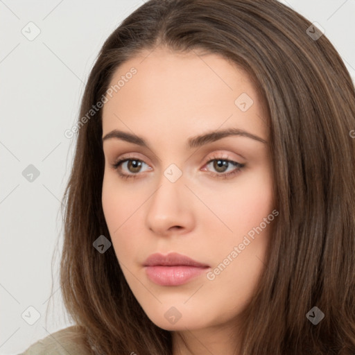 Neutral white young-adult female with long  brown hair and brown eyes