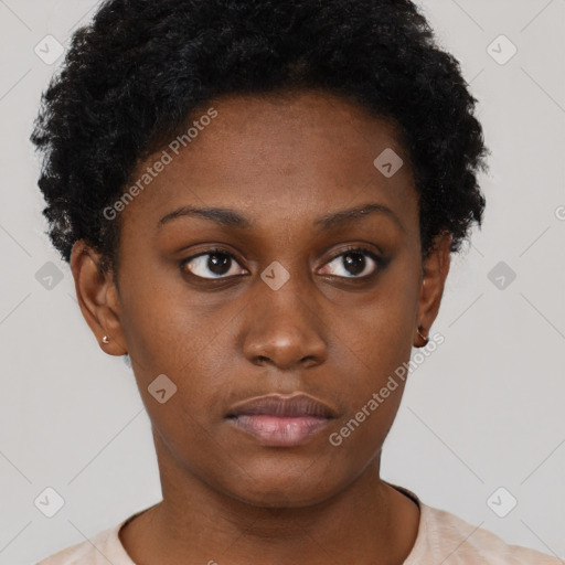 Neutral black young-adult female with short  black hair and brown eyes