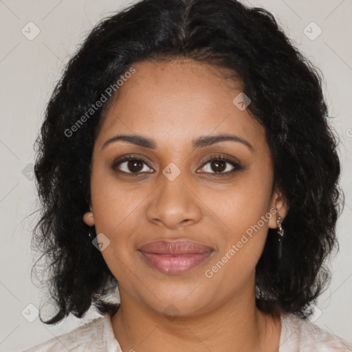 Joyful black young-adult female with medium  brown hair and brown eyes