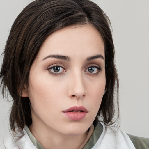 Neutral white young-adult female with medium  brown hair and brown eyes