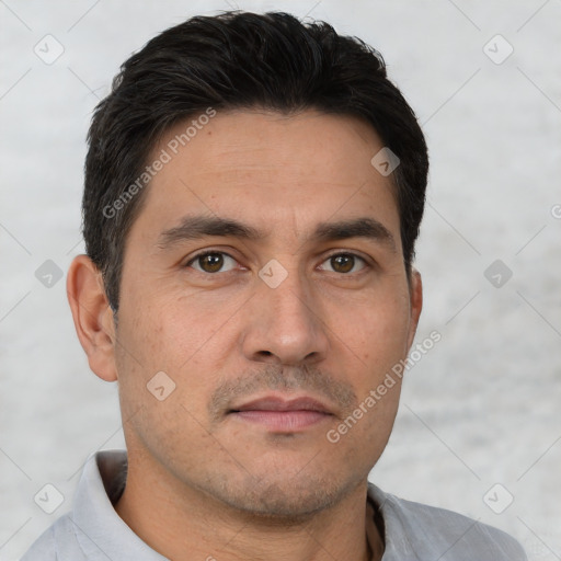 Neutral white young-adult male with short  brown hair and brown eyes