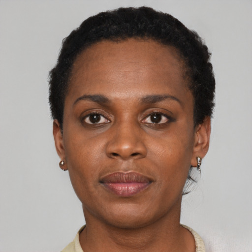 Joyful black adult female with short  black hair and brown eyes