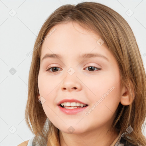 Joyful white child female with medium  brown hair and brown eyes