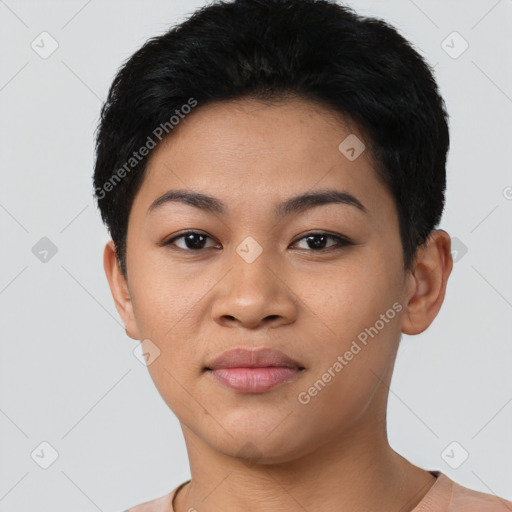 Joyful latino young-adult female with short  black hair and brown eyes