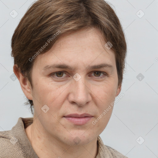 Joyful white adult female with short  brown hair and grey eyes