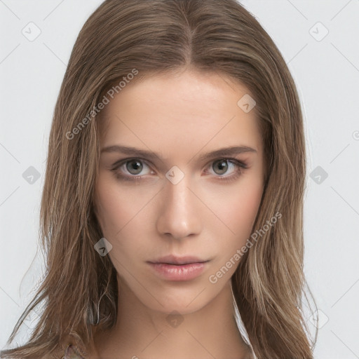 Neutral white young-adult female with long  brown hair and brown eyes