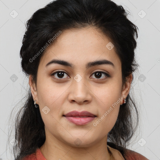 Joyful latino young-adult female with medium  brown hair and brown eyes