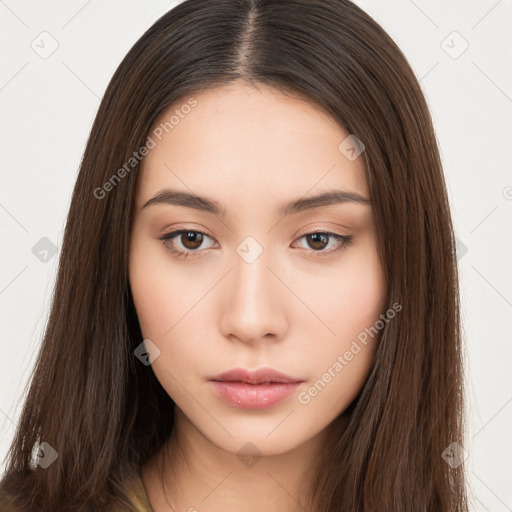 Neutral white young-adult female with long  brown hair and brown eyes