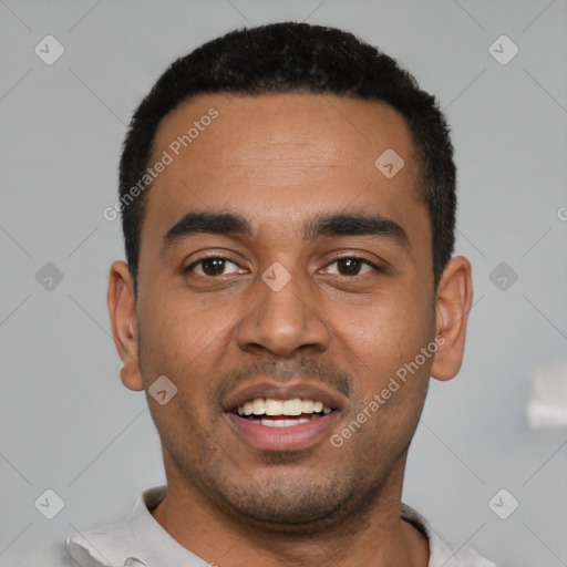 Joyful latino young-adult male with short  black hair and brown eyes