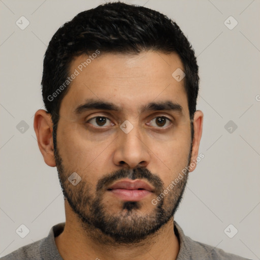 Neutral latino young-adult male with short  black hair and brown eyes